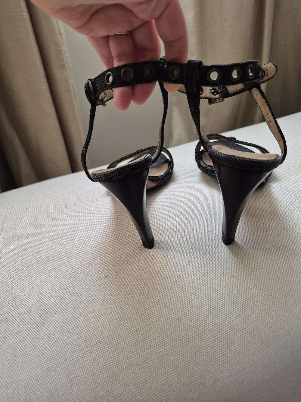 CHANEL Black Denim Studded Open-Toe Heels